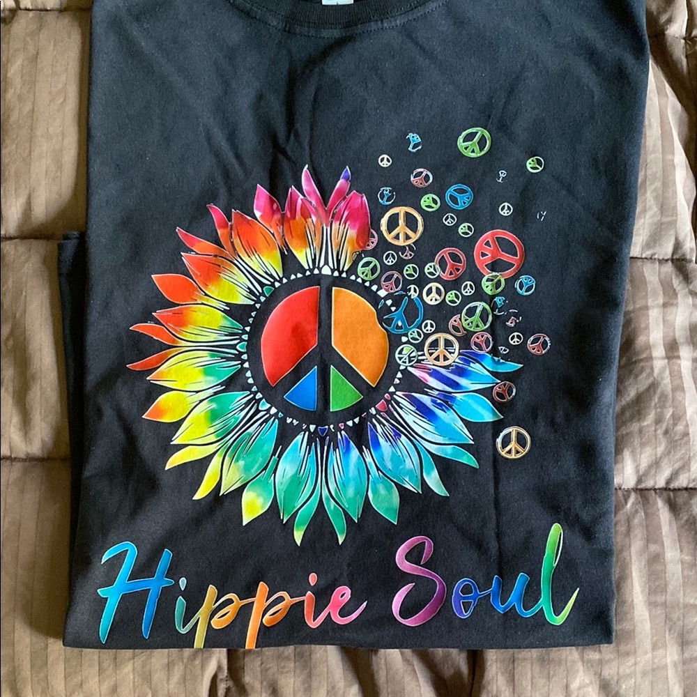 NWOT. Black and Orange Short Sleeve Tee with Psychedelic Peace Design